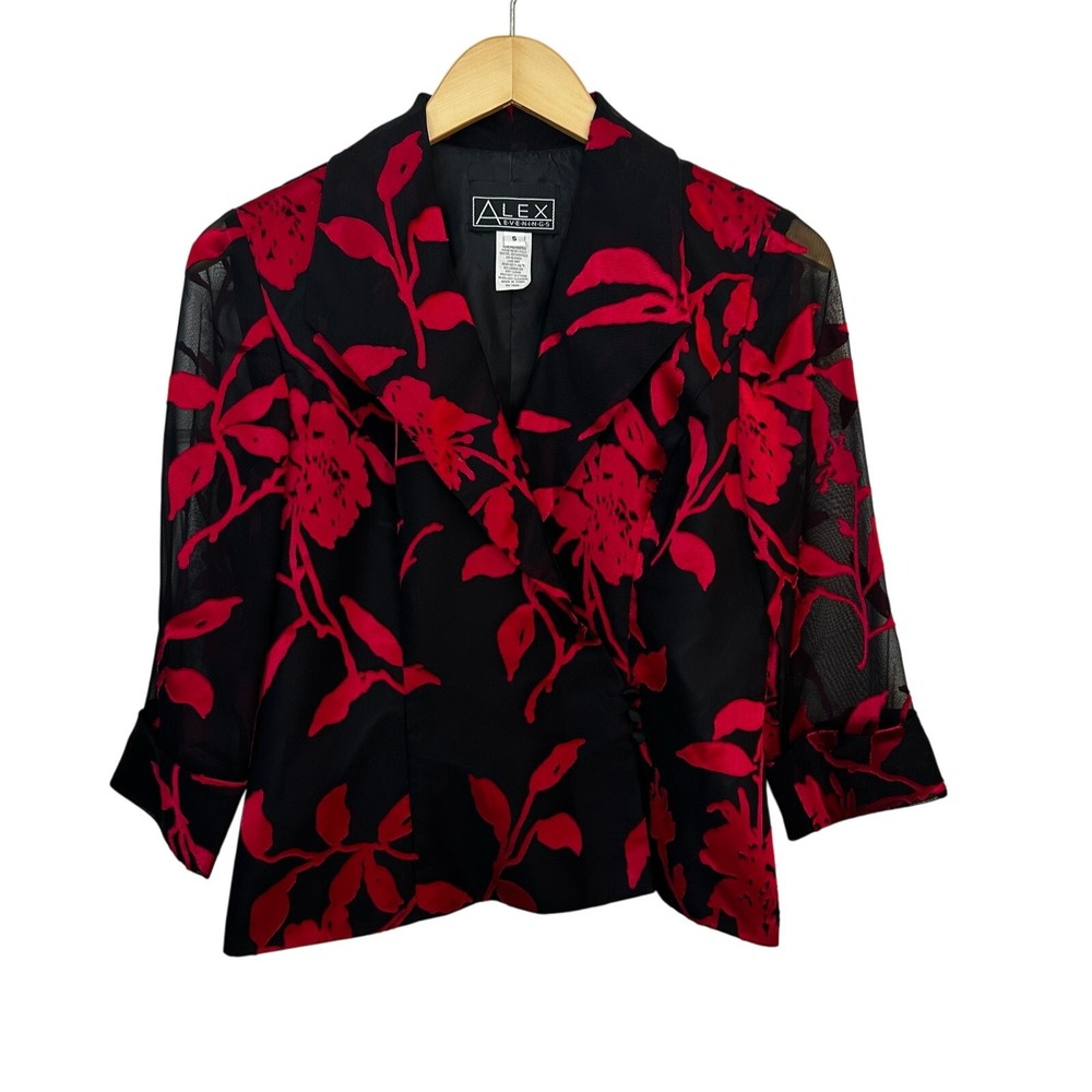 Alex Evenings Wrap Jacket Top S Dressy Black Red Floral 3/4 Sleeve Formal Sheer